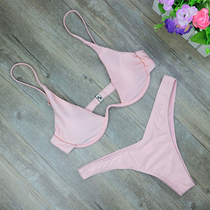 2020 New high cut thong bathing suit high waist swimsuit Solid swimwear women Brazilian Biquini swim beach micro bikini set