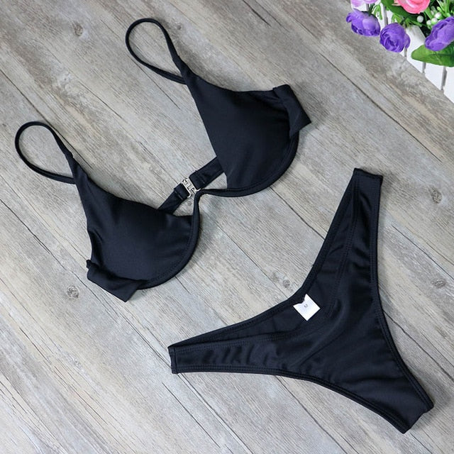 2020 New high cut thong bathing suit high waist swimsuit Solid swimwear women Brazilian Biquini swim beach micro bikini set