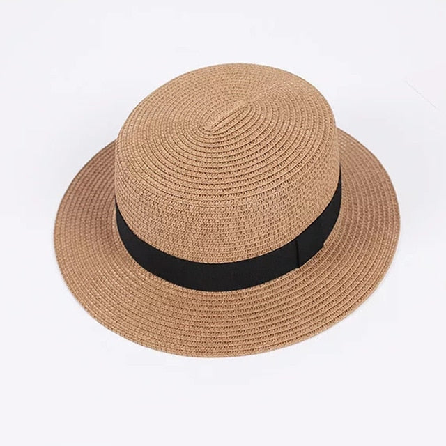 2019 new women's hat Ribbon Straw Sun Hat Breathable Large Brim Beach Summer Boater Beach Ribbon Round Flat Top Hat For Women