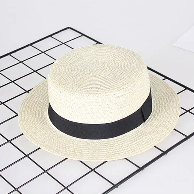 2019 new women's hat Ribbon Straw Sun Hat Breathable Large Brim Beach Summer Boater Beach Ribbon Round Flat Top Hat For Women