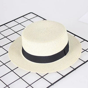 2019 new women's hat Ribbon Straw Sun Hat Breathable Large Brim Beach Summer Boater Beach Ribbon Round Flat Top Hat For Women