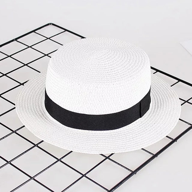 2019 new women's hat Ribbon Straw Sun Hat Breathable Large Brim Beach Summer Boater Beach Ribbon Round Flat Top Hat For Women