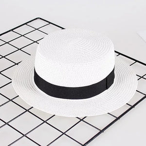 2019 new women's hat Ribbon Straw Sun Hat Breathable Large Brim Beach Summer Boater Beach Ribbon Round Flat Top Hat For Women