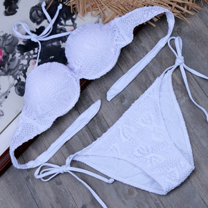 Bikini Solid Strappy Bandage Bikinis Set White Push Up Bikini Swimwear Bandeau Brazilian Swimsuit Bathing Suit Maillot De Bain