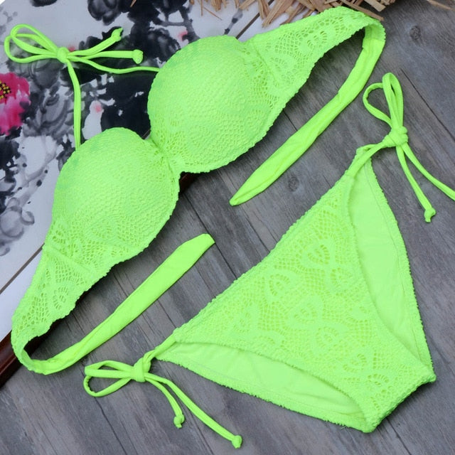 Bikini Solid Strappy Bandage Bikinis Set White Push Up Bikini Swimwear Bandeau Brazilian Swimsuit Bathing Suit Maillot De Bain