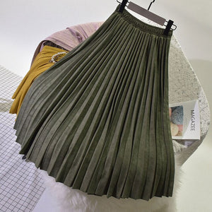 2020 Two Layer Spring Women Suede Skirt Long Pleated Skirts Top Brand Womens Saias Midi Faldas Vintage Women Midi Skirt