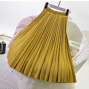 2020 Two Layer Spring Women Suede Skirt Long Pleated Skirts Top Brand Womens Saias Midi Faldas Vintage Women Midi Skirt