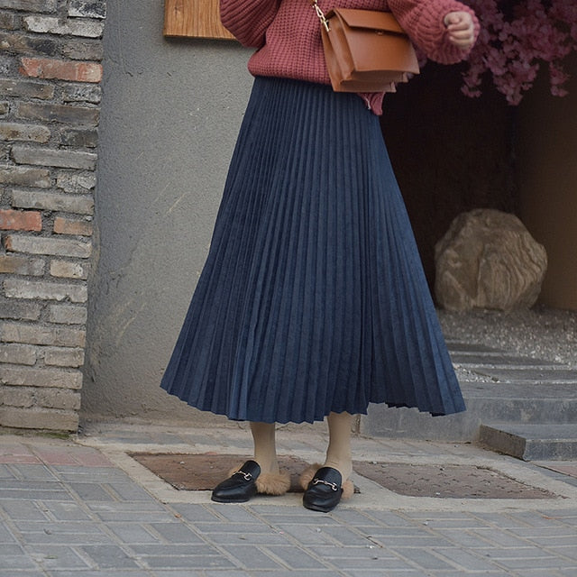 2020 Two Layer Spring Women Suede Skirt Long Pleated Skirts Top Brand Womens Saias Midi Faldas Vintage Women Midi Skirt