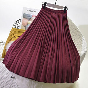 2020 Two Layer Spring Women Suede Skirt Long Pleated Skirts Top Brand Womens Saias Midi Faldas Vintage Women Midi Skirt