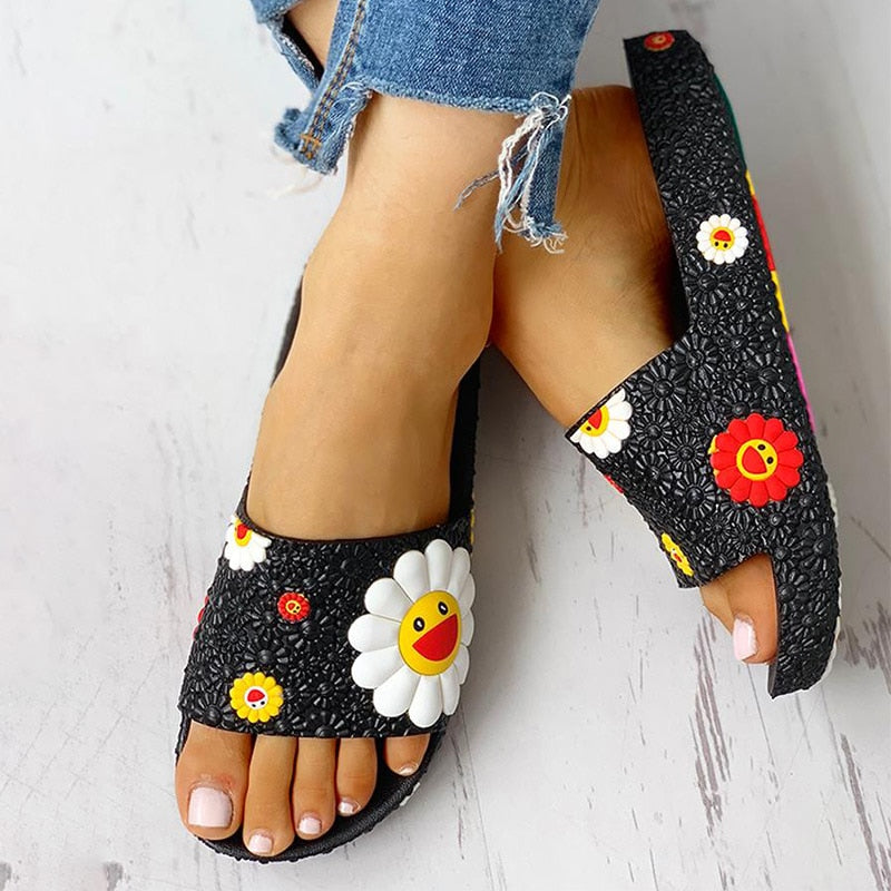 Women Summer Slippers Cute flower Flat Flip Flops Ladies Soft Slides Shoes Female Print Floral Bling Beach Casual Sandals