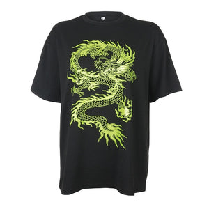 HEYounGIRL Casual Loose Oversized T Shirt Ladies Dragon Printed Short Sleeve Tee Shirt Women Black Streetwear T-shirts Cotton
