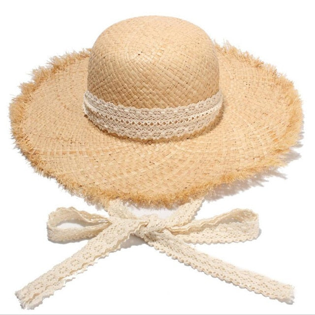 Wholesale STAR Parent-child Panama Hats For Women Wide Large Brim Beach Sun Hats With Fashion Long Belt Visor Hat Raffia Straw