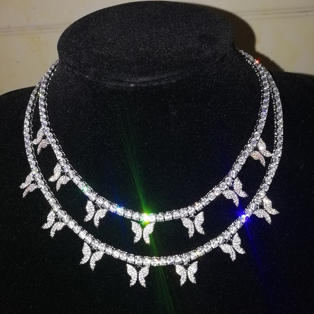 Fashion Iced Out Bling Butterfly Choker Pendant Necklace Gold Silver Color with 4mm Tennis Chain Hip Hop Jewelry for Men Women