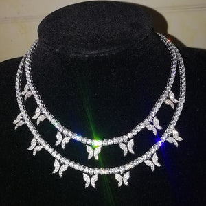 Fashion Iced Out Bling Butterfly Choker Pendant Necklace Gold Silver Color with 4mm Tennis Chain Hip Hop Jewelry for Men Women