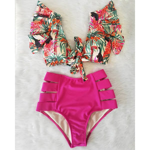 Sexy Bikinis 2020 New Double Shoulder Ruffle Bikini Set High Waist Swimwear Women Swimsuit V-Neck Bathing Suit Beach Wear Swim
