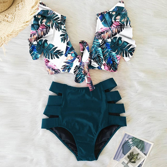 Sexy Bikinis 2020 New Double Shoulder Ruffle Bikini Set High Waist Swimwear Women Swimsuit V-Neck Bathing Suit Beach Wear Swim