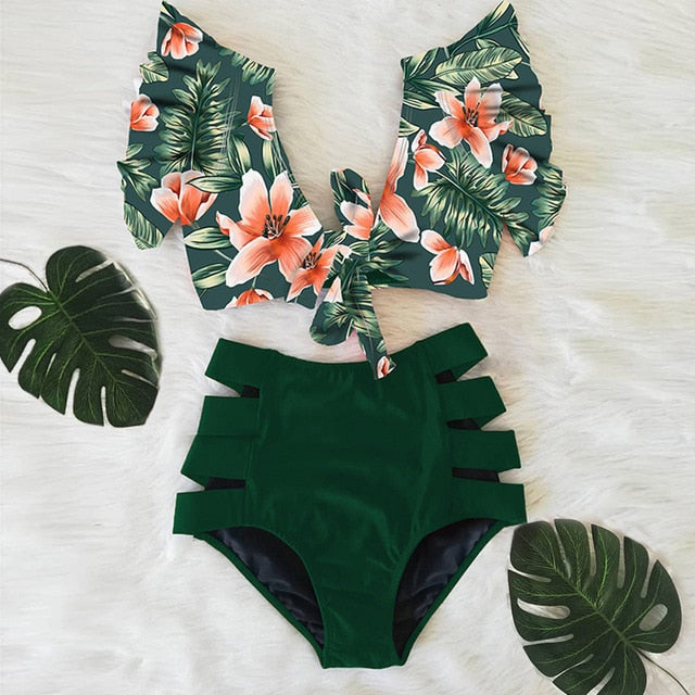 Sexy Bikinis 2020 New Double Shoulder Ruffle Bikini Set High Waist Swimwear Women Swimsuit V-Neck Bathing Suit Beach Wear Swim