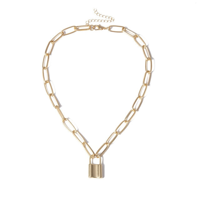 Rock Lock Necklace Women Gold Color Chain Punk Gothic Choker Necklace Collar Statement Pendant Necklaces for Women Jewelry Gift