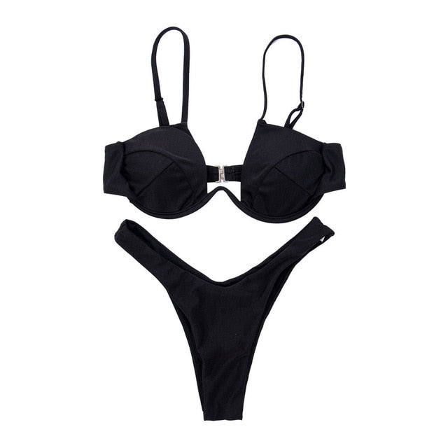 Women Fashion Padded Bra Bikini Set Swimsuit Ladies Solid  Bandage Push-up Triangle Swimwear Bathing Suits Biquini Swimwear