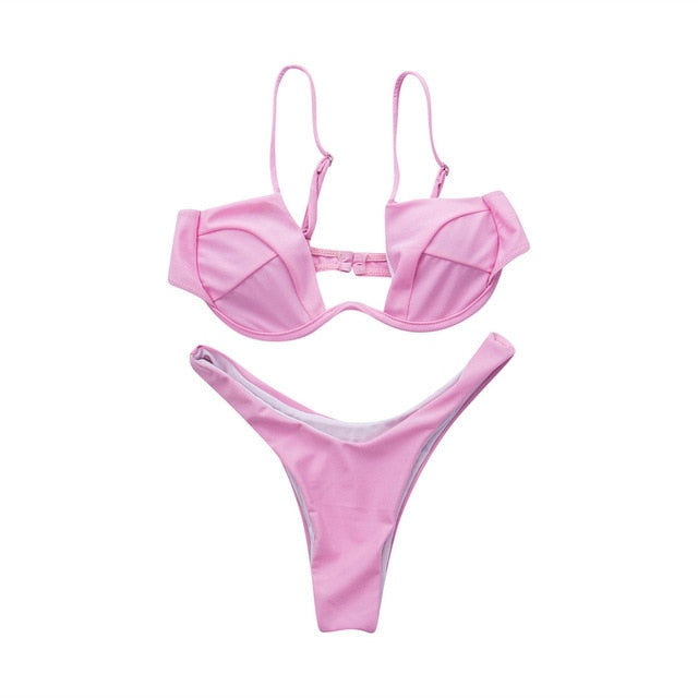Women Fashion Padded Bra Bikini Set Swimsuit Ladies Solid  Bandage Push-up Triangle Swimwear Bathing Suits Biquini Swimwear