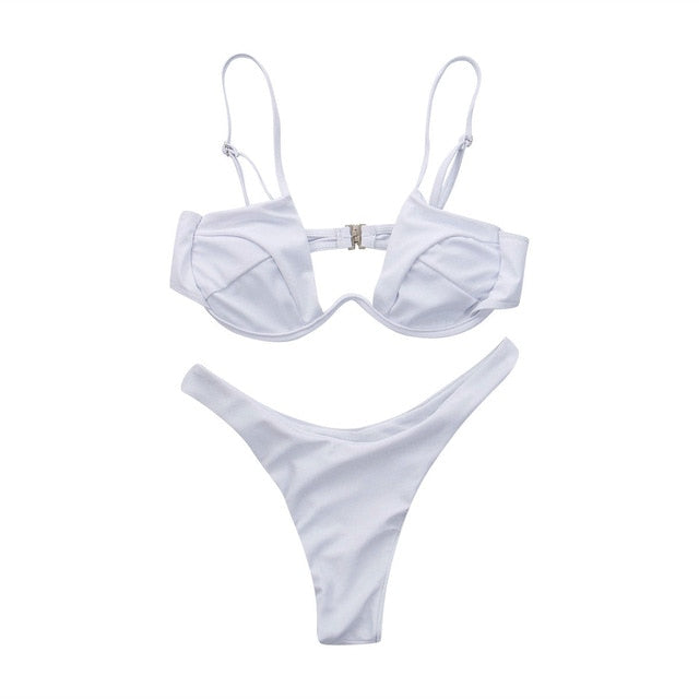 Women Fashion Padded Bra Bikini Set Swimsuit Ladies Solid  Bandage Push-up Triangle Swimwear Bathing Suits Biquini Swimwear
