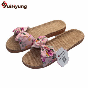 Suihyung Women Flax Slippers Summer Casual Slides Beach Shoes Ladies Indoor Linen Slippers Bohemia Floral Bow Flip Flops Sandals