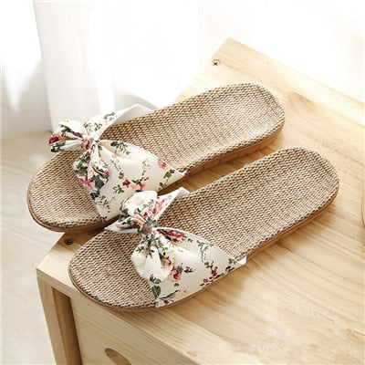 Suihyung Women Flax Slippers Summer Casual Slides Beach Shoes Ladies Indoor Linen Slippers Bohemia Floral Bow Flip Flops Sandals