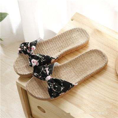 Suihyung Women Flax Slippers Summer Casual Slides Beach Shoes Ladies Indoor Linen Slippers Bohemia Floral Bow Flip Flops Sandals
