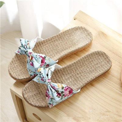 Suihyung Women Flax Slippers Summer Casual Slides Beach Shoes Ladies Indoor Linen Slippers Bohemia Floral Bow Flip Flops Sandals