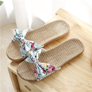 Suihyung Women Flax Slippers Summer Casual Slides Beach Shoes Ladies Indoor Linen Slippers Bohemia Floral Bow Flip Flops Sandals