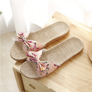 Suihyung Women Flax Slippers Summer Casual Slides Beach Shoes Ladies Indoor Linen Slippers Bohemia Floral Bow Flip Flops Sandals