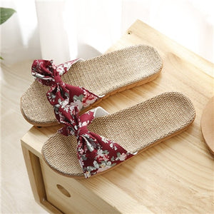 Suihyung Women Flax Slippers Summer Casual Slides Beach Shoes Ladies Indoor Linen Slippers Bohemia Floral Bow Flip Flops Sandals