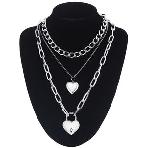 Double layer Lock Chain necklace grunge punk 90s link chain silver color padlock pendant necklace women aesthetic egirl jewelry