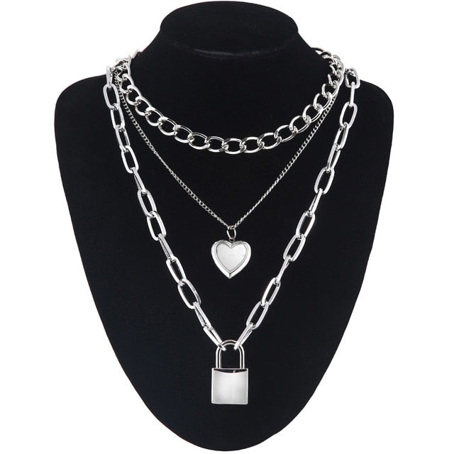 Double layer Lock Chain necklace grunge punk 90s link chain silver color padlock pendant necklace women aesthetic egirl jewelry