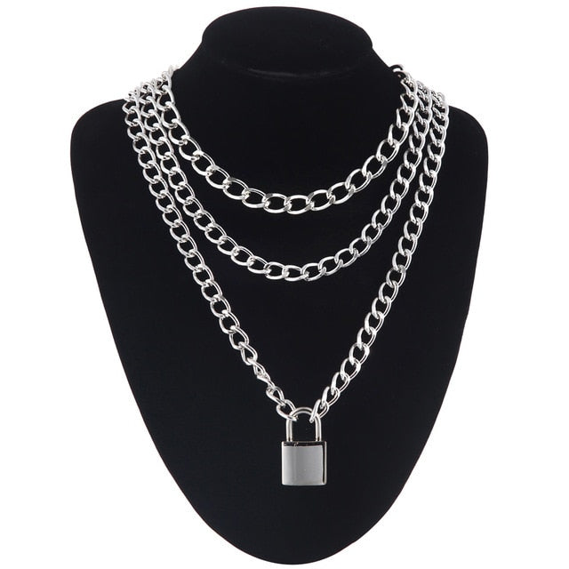 Double layer Lock Chain necklace grunge punk 90s link chain silver color padlock pendant necklace women aesthetic egirl jewelry