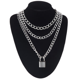 Double layer Lock Chain necklace grunge punk 90s link chain silver color padlock pendant necklace women aesthetic egirl jewelry