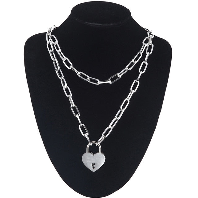 Double layer Lock Chain necklace grunge punk 90s link chain silver color padlock pendant necklace women aesthetic egirl jewelry