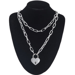 Double layer Lock Chain necklace grunge punk 90s link chain silver color padlock pendant necklace women aesthetic egirl jewelry