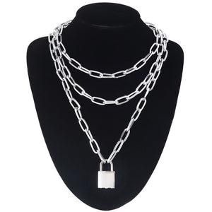Double layer Lock Chain necklace grunge punk 90s link chain silver color padlock pendant necklace women aesthetic egirl jewelry