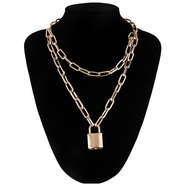 Double layer Lock Chain necklace grunge punk 90s link chain silver color padlock pendant necklace women aesthetic egirl jewelry