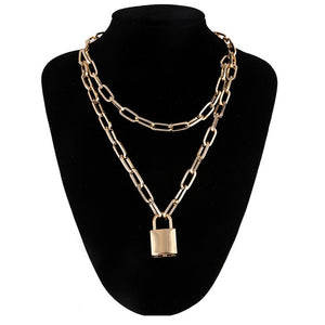 Double layer Lock Chain necklace grunge punk 90s link chain silver color padlock pendant necklace women aesthetic egirl jewelry