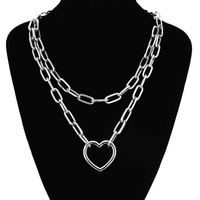Double layer Lock Chain necklace grunge punk 90s link chain silver color padlock pendant necklace women aesthetic egirl jewelry