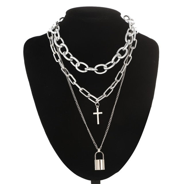 Double layer Lock Chain necklace grunge punk 90s link chain silver color padlock pendant necklace women aesthetic egirl jewelry