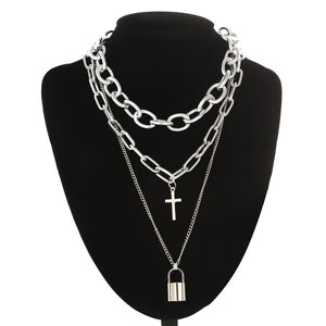Double layer Lock Chain necklace grunge punk 90s link chain silver color padlock pendant necklace women aesthetic egirl jewelry