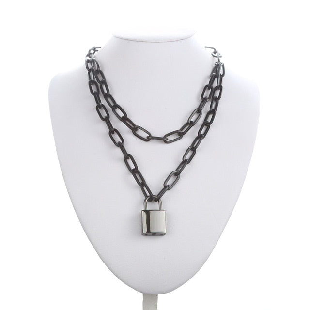 Double layer Lock Chain necklace grunge punk 90s link chain silver color padlock pendant necklace women aesthetic egirl jewelry