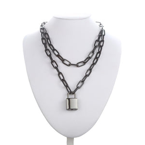 Double layer Lock Chain necklace grunge punk 90s link chain silver color padlock pendant necklace women aesthetic egirl jewelry