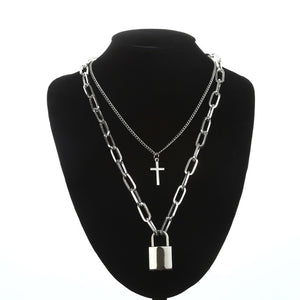 Double layer Lock Chain necklace grunge punk 90s link chain silver color padlock pendant necklace women aesthetic egirl jewelry