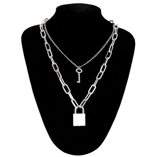 Double layer Lock Chain necklace grunge punk 90s link chain silver color padlock pendant necklace women aesthetic egirl jewelry