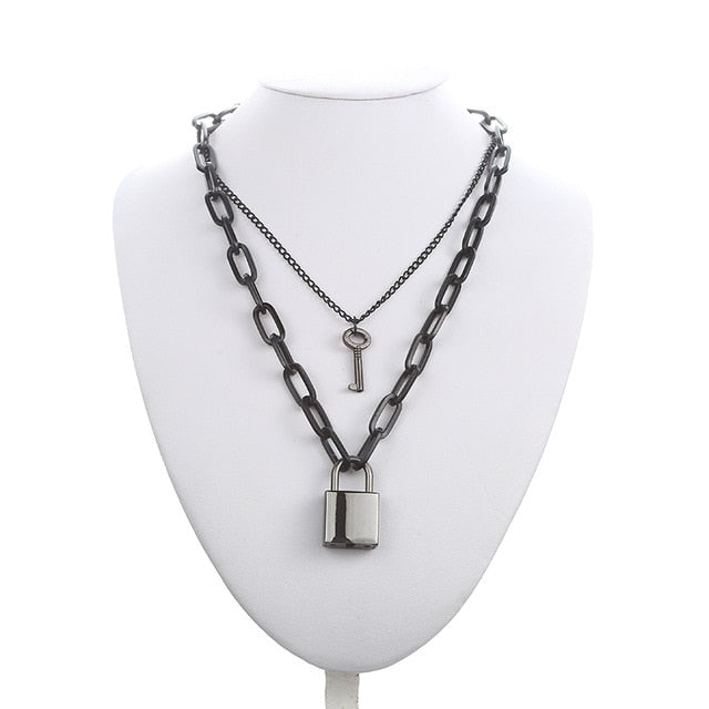 Double layer Lock Chain necklace grunge punk 90s link chain silver color padlock pendant necklace women aesthetic egirl jewelry