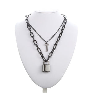 Double layer Lock Chain necklace grunge punk 90s link chain silver color padlock pendant necklace women aesthetic egirl jewelry